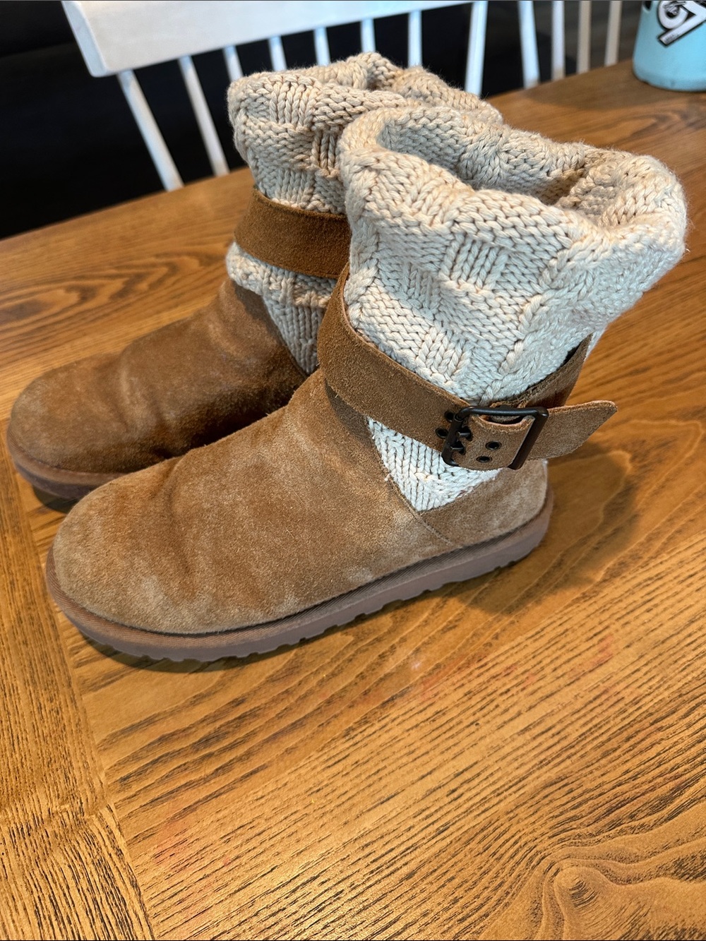 UGG Chestnut Brown Suede & Cream Knit Ankle Boots